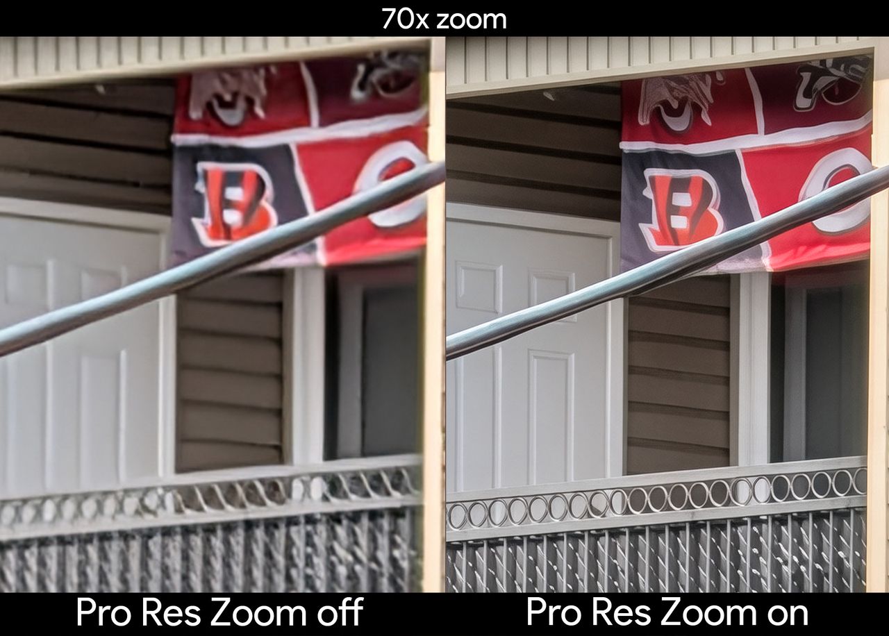 Examples of how Pro Res Zoom on a Pixel 10 Pro can enhance or ruin an image by using AI to sharpen details