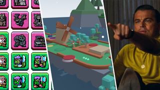 A game grid with monsters, a minigolf game, Leonardo Dicaprio pointing