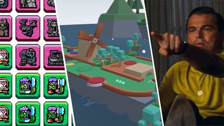 A game grid with monsters, a minigolf game, Leonardo Dicaprio pointing