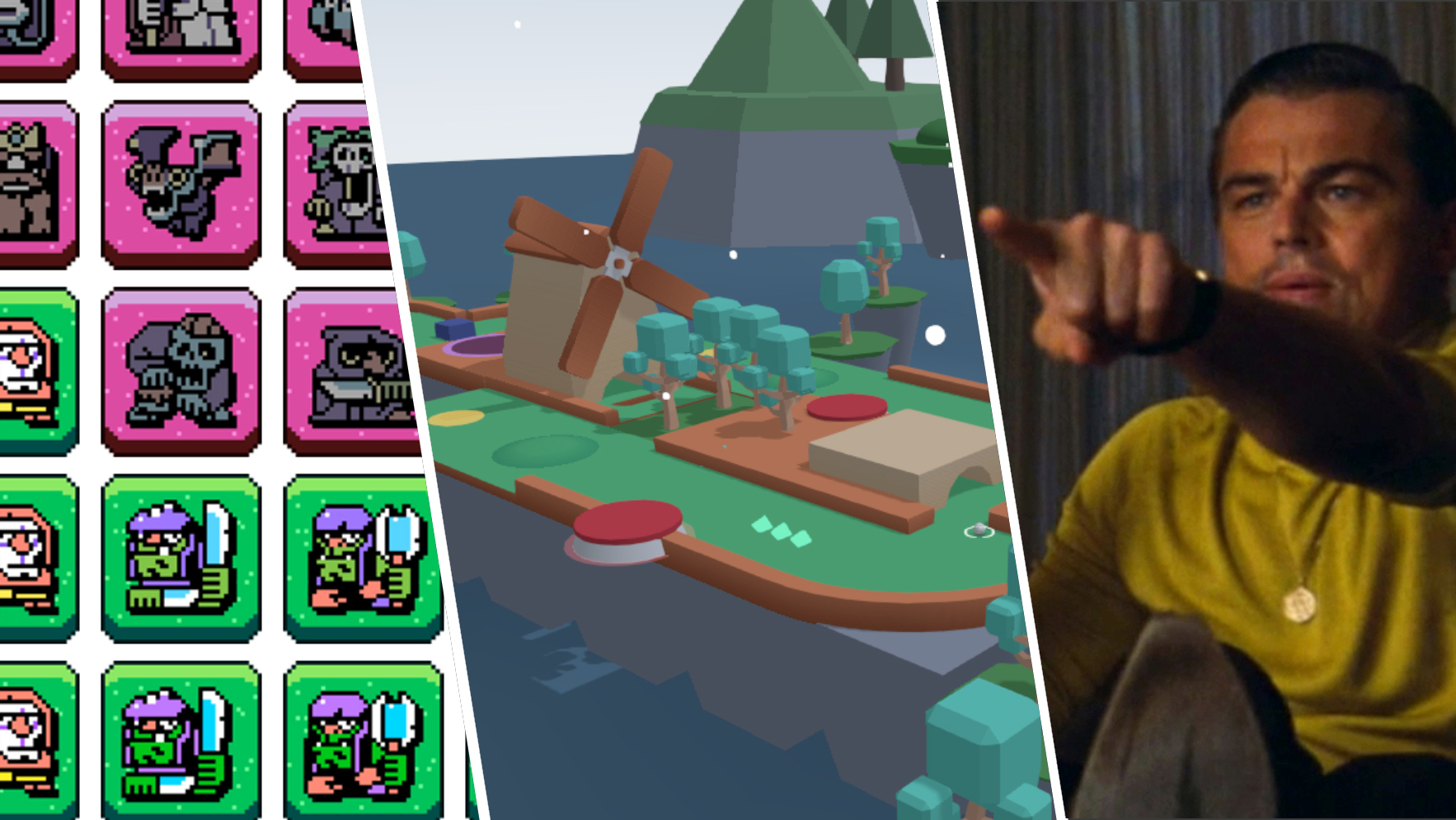 A game grid with monsters, a minigolf game, Leonardo Dicaprio pointing