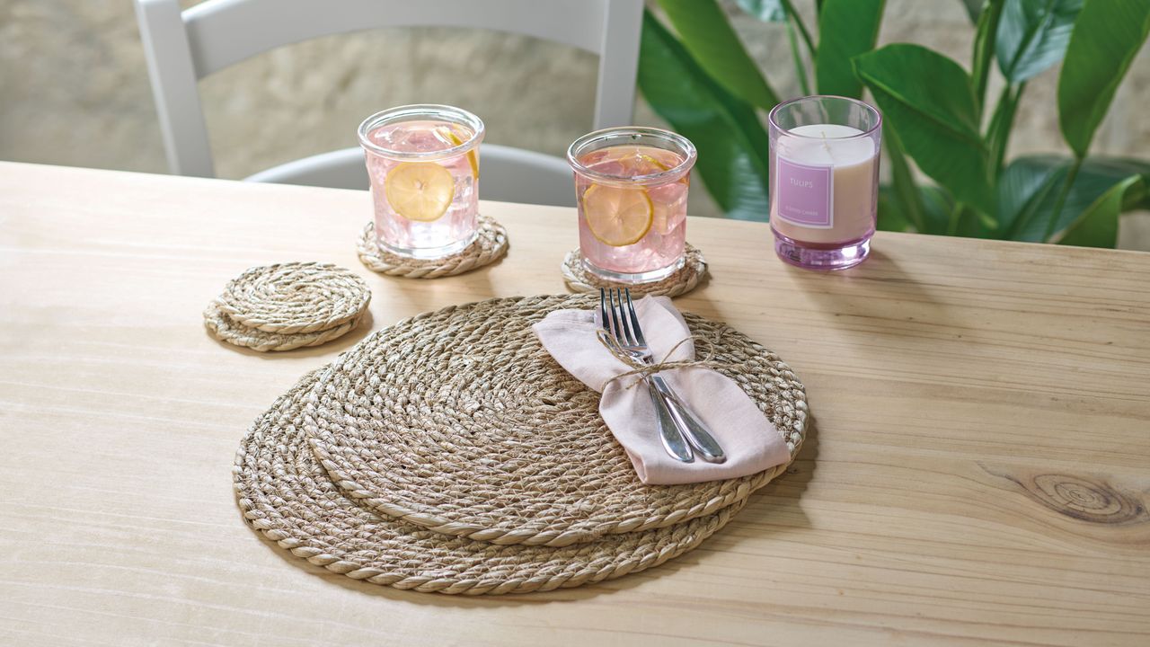 Seagrass placemats and coasters on tabletop