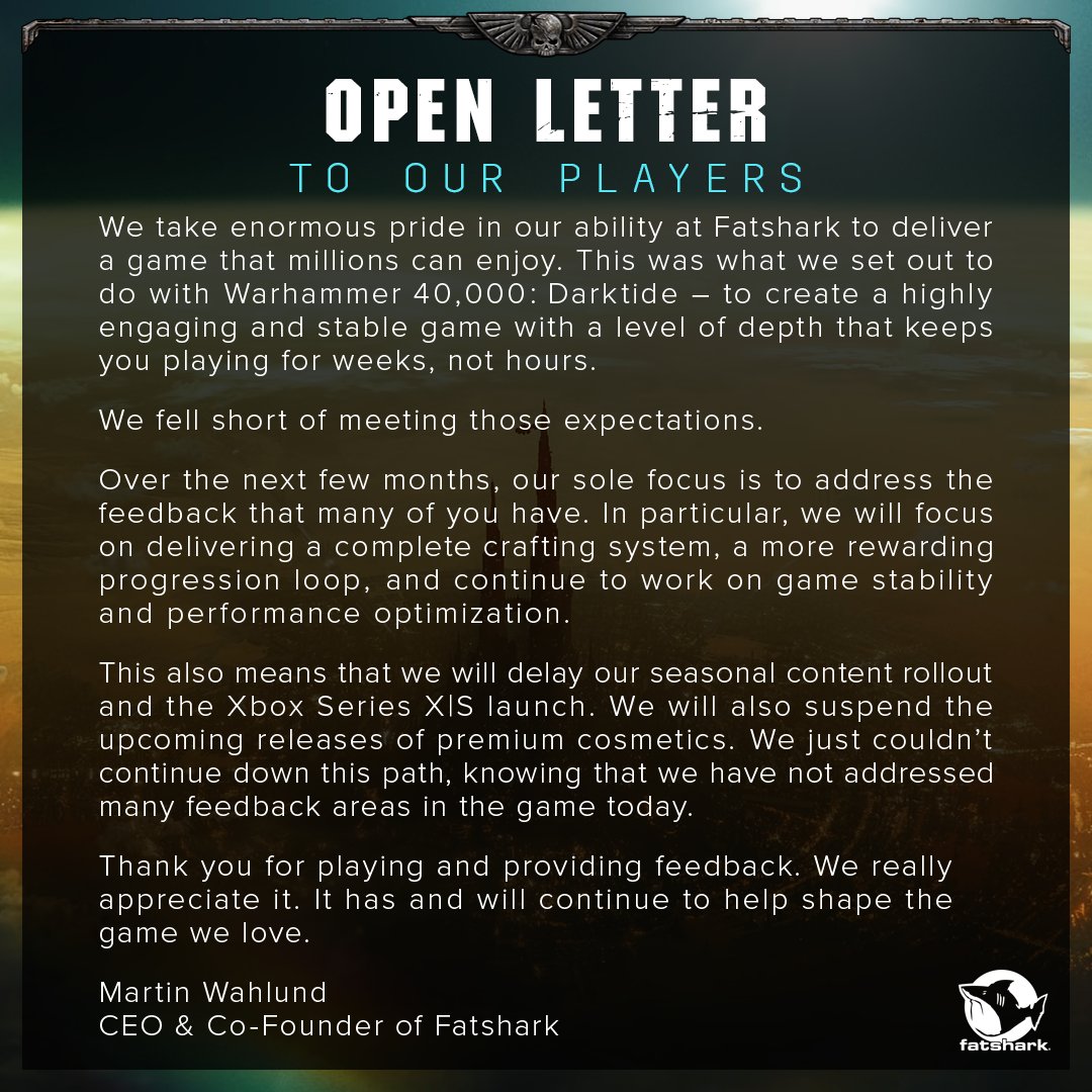 Warhammer 40,000: Darktide open letter