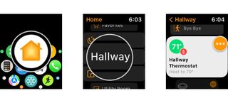 How to control your HomeKit thermostats in the Home app on the Apple Watch by showing steps: Launch the Home app, Tap the Room that includes your Thermostat, Tap the Ellipsis icon.
