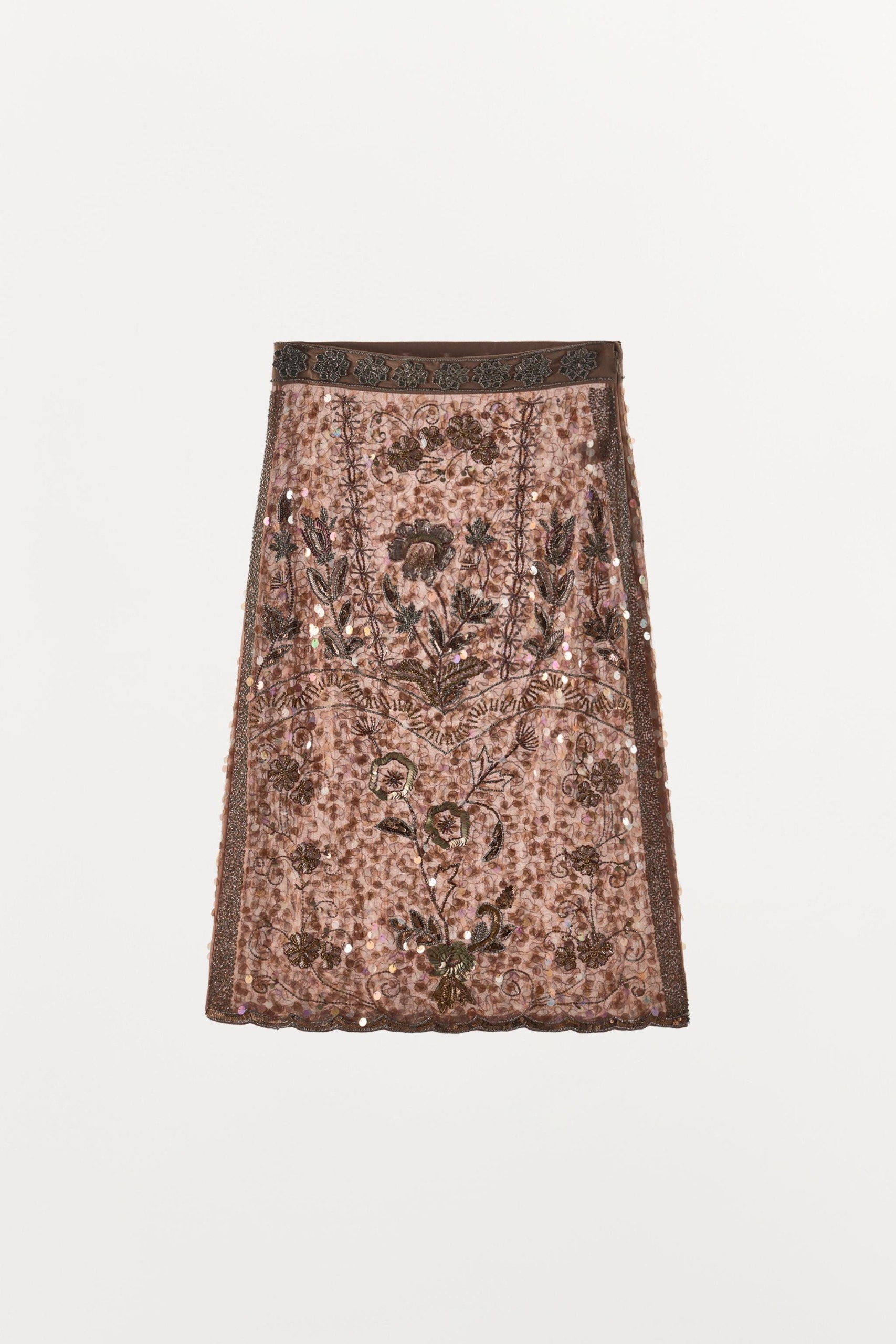 ZARA, Limited Edition Embroidered Beaded Midi Skirt - Brick - S