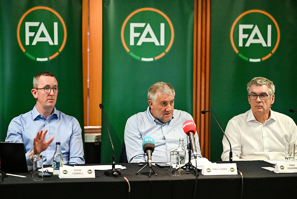 FAI chief executive officer David Courell, left, FAI President Paul Cooke and FAI independent chairperson Tony Keohane, right, during an FAI Extraordinary General Meeting at the Aviva Stadium in Dublin. The EGM was convened to vote on a motion regarding Republic of Ireland's upcoming Nations League fixtures with Israel. The FAI board's motion reads &amp;quot;&amp;quot;While acknowledging the strength of feeling regarding support for Palestine and the upcoming UEFA Men's Nations League fixtures, that the members recognise the profound impact that any non-fulfilment of UEFA fixtures would have on Irish football as a whole and on its future development, and accordingly endorses the Association fulfilling its obligations in respect of those fixtures.&amp;quot;