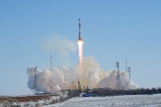 A Russian Soyuz rocket launches the automated Progress 66 cargo ship toward the International Space Station from Baikonur Cosmodrome, Kazakhstan on Feb. 22, 2017. The spacecraft is carrying 3 tons of supplies for the space station crew.