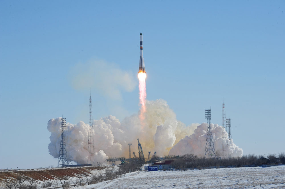 A Russian Soyuz rocket launches the automated Progress 66 cargo ship toward the International Space Station from Baikonur Cosmodrome, Kazakhstan on Feb. 22, 2017. The spacecraft is carrying 3 tons of supplies for the space station crew.