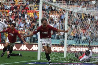 Gabriel Batistuta celebrates after scoring for Roma against Vicenza in October 2000.