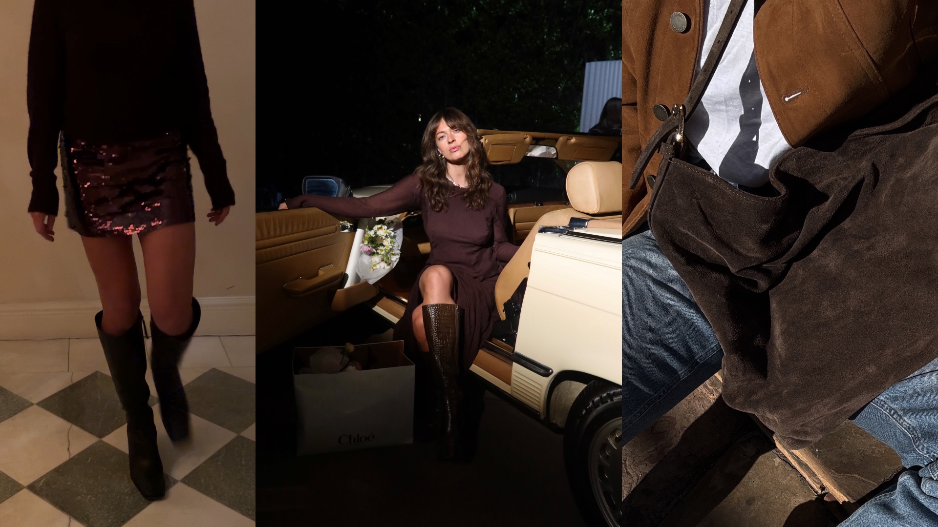 split image of Kathryn Zahorak wearing brown outfits 