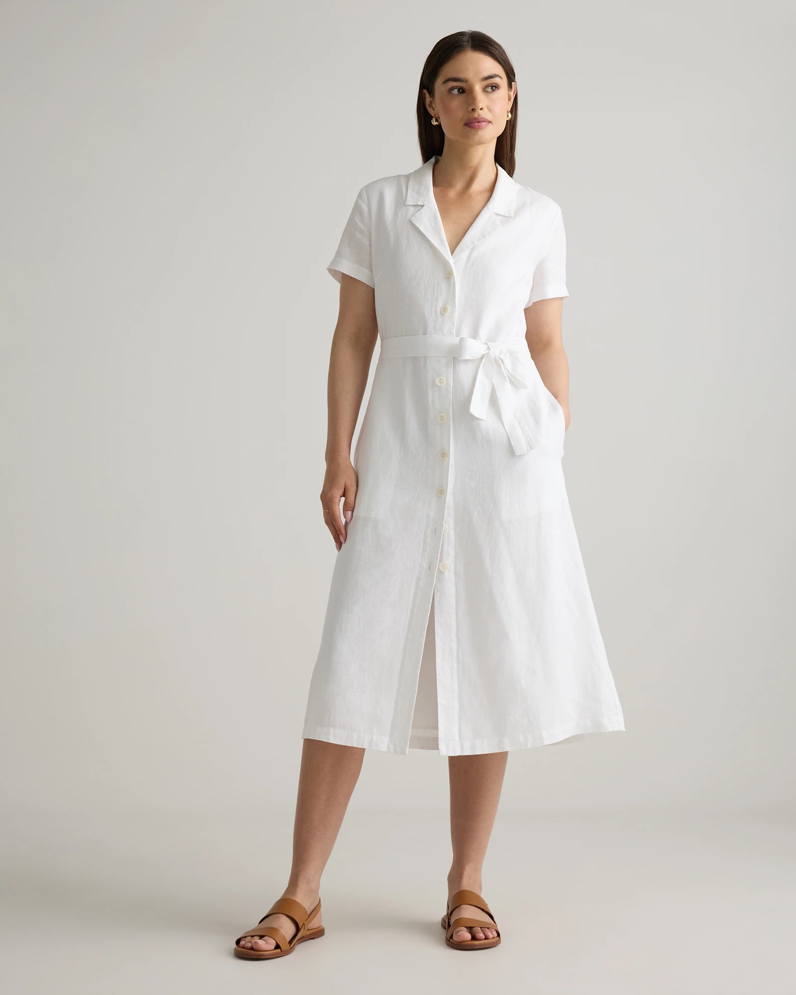 100% European Linen Button Front Dress in White