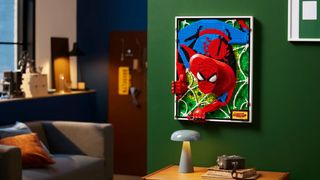 A lifestyle shot showing Lego Marvel The Amazing Spider-Man displayed on a wall