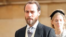 James Middleton wears a suit as he attends the wedding of Princess Eugenie of York and Jack Brooksbank at St George's Chapel on October 12, 2018
