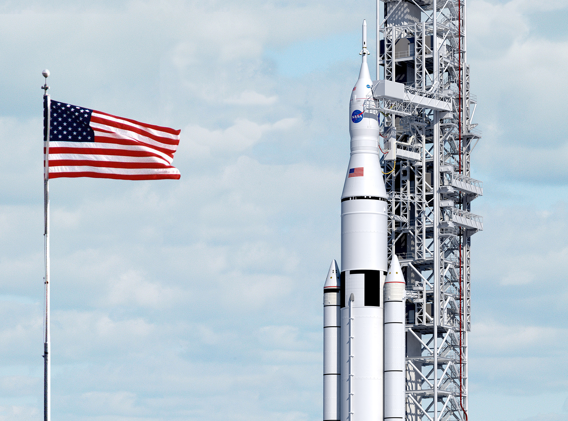 An artist&#039;s illustration of NASA&#039;s huge Space Launch System rocket at the launchpad with an Orion space capsule. 