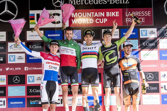 The men's podium at the final round of the UCI XCO World Cup in La Bresse, France (L to R): Mathieu Van der Poel, Gerhard Kerschbaumer, Nino Schurter, Maxime Marotte, Victor Koretzky