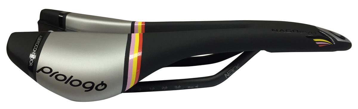 The custom saddle ProLogo have produced for Contador showing the winning stripes of the Giro, Tour, and Vuelta