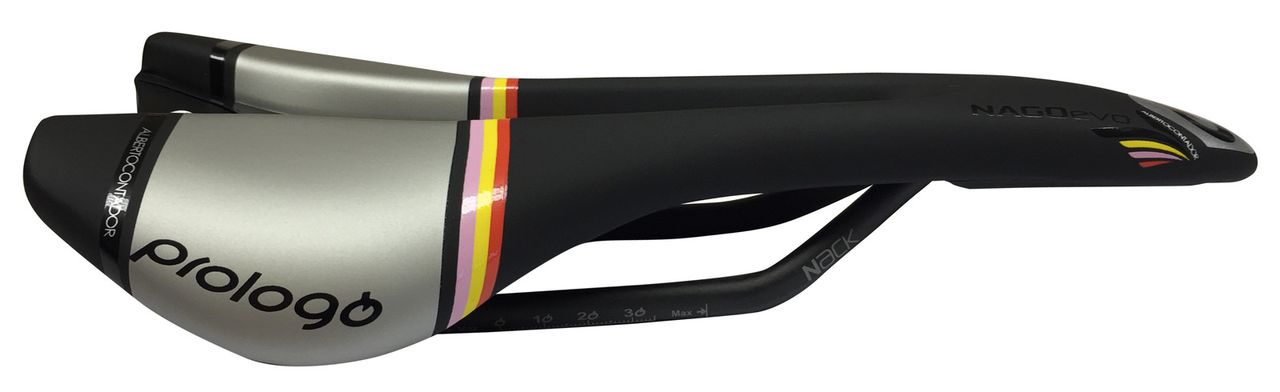 The custom saddle ProLogo have produced for Contador showing the winning stripes of the Giro, Tour, and Vuelta