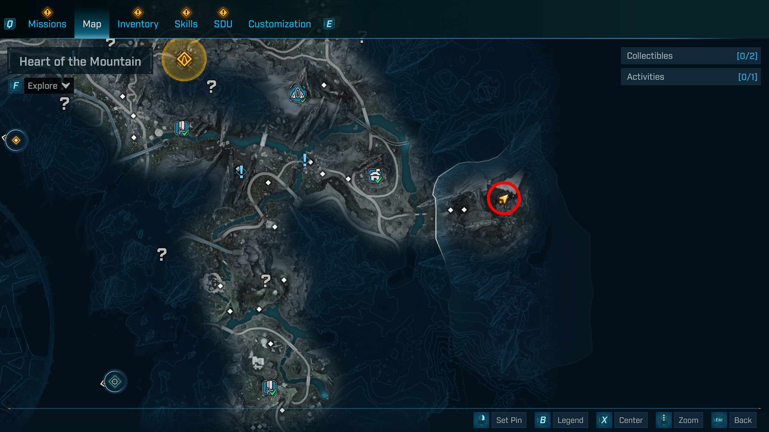 Borderlands 4 Hot Slugger location: A map with a red circle highlighting the location of the Craven's Nook Order bunker in the Bones of Sanctuary, to the east of Terminus Ridge.
