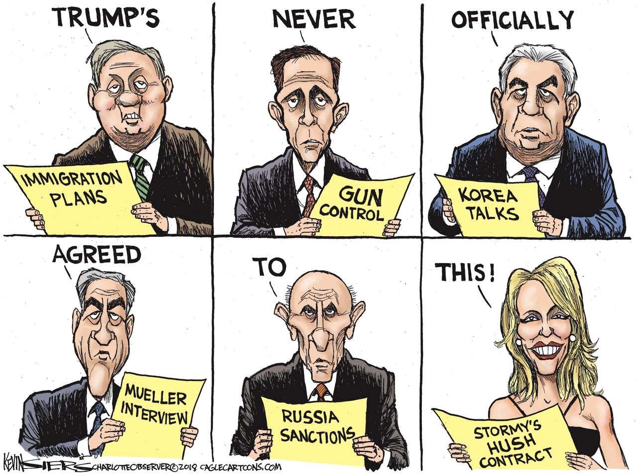 Political cartoon U.S. Trump immigration gun control North Korea Russia investigation Stormy Daniels affair allegations