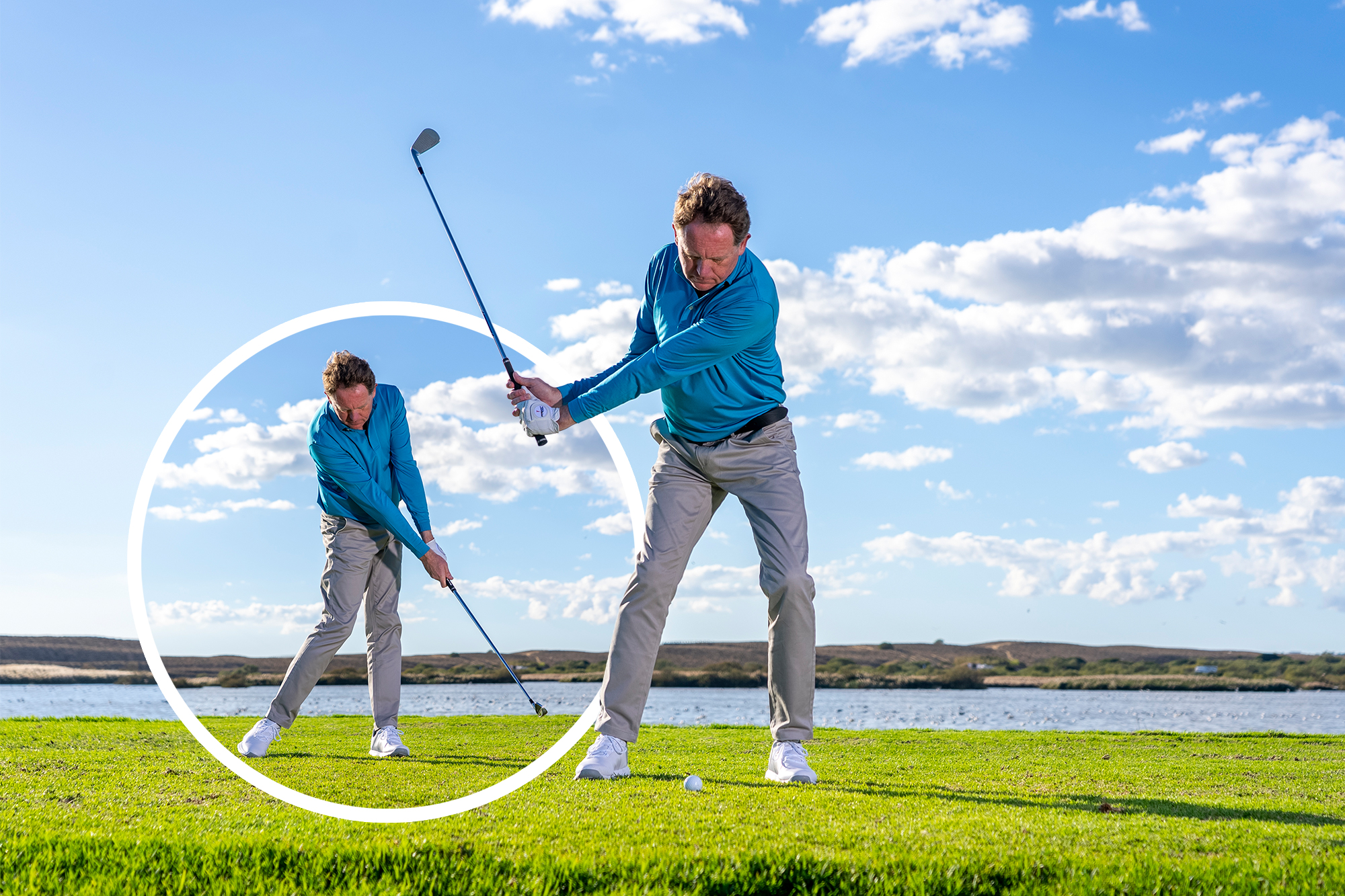 Keith Wood demonstrating the correct wrist hinge angle and release position to ensure a centred strike with your irons
