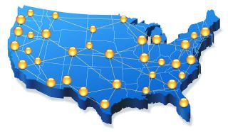 Continental US appears as a raised blue map with states outlined and golden nodes spread throughout.