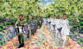 Colourful abstract art of young people marching, males in a row drumming and females walking