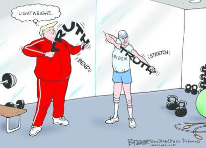 Political Cartoon U.S. Trump Bend Truth Biden Stretch Truth