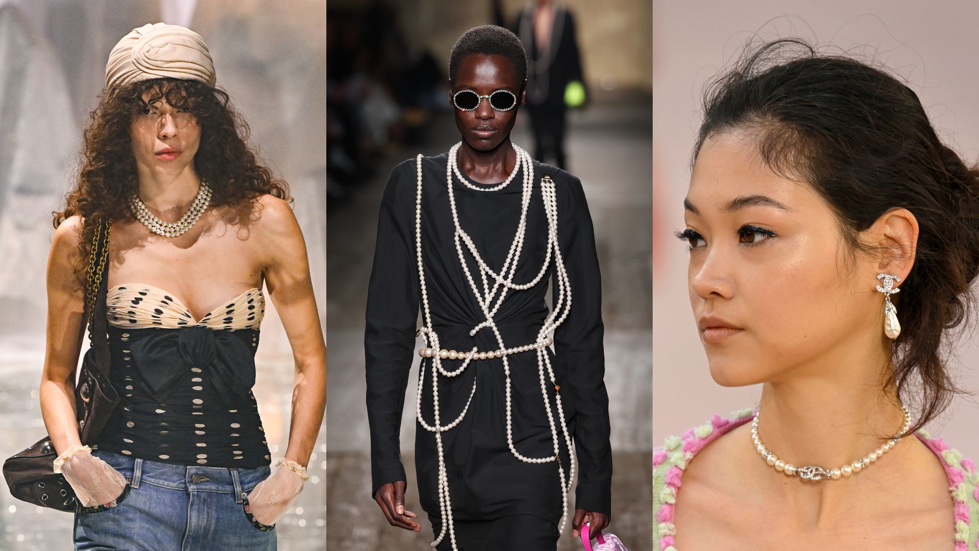 Three models wearing different style of pearls at the Valentino, Moschino and Chanel catwalk spring/summer shows