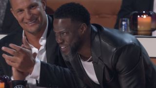 Kevin Hart laughing at Nikki Glaser's joke about The Rock during The Roast of Tom Brady