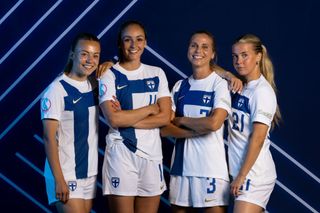 Olga Ahtinen, Nora Heroum, Tuija Hyyrynen and Amanda Rantanen of Finland pose for a portrait during the official UEFA Women's EURO 2022 portrait session on June 23, 2022 in Helsinki, Finland.