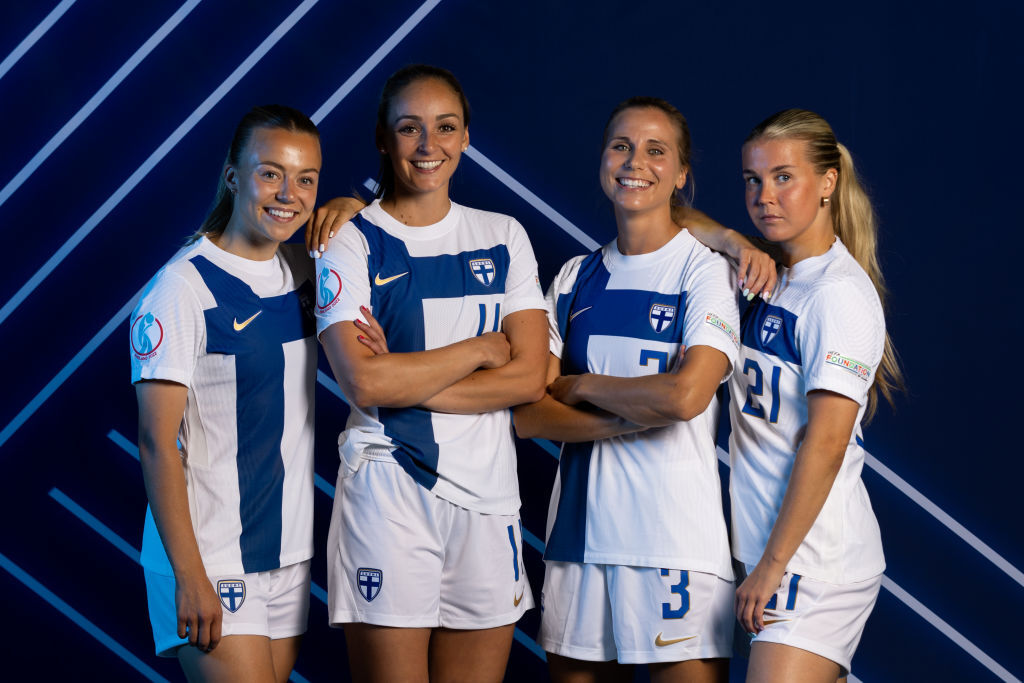 Olga Ahtinen, Nora Heroum, Tuija Hyyrynen and Amanda Rantanen of Finland pose for a portrait during the official UEFA Women's EURO 2022 portrait session on June 23, 2022 in Helsinki, Finland.