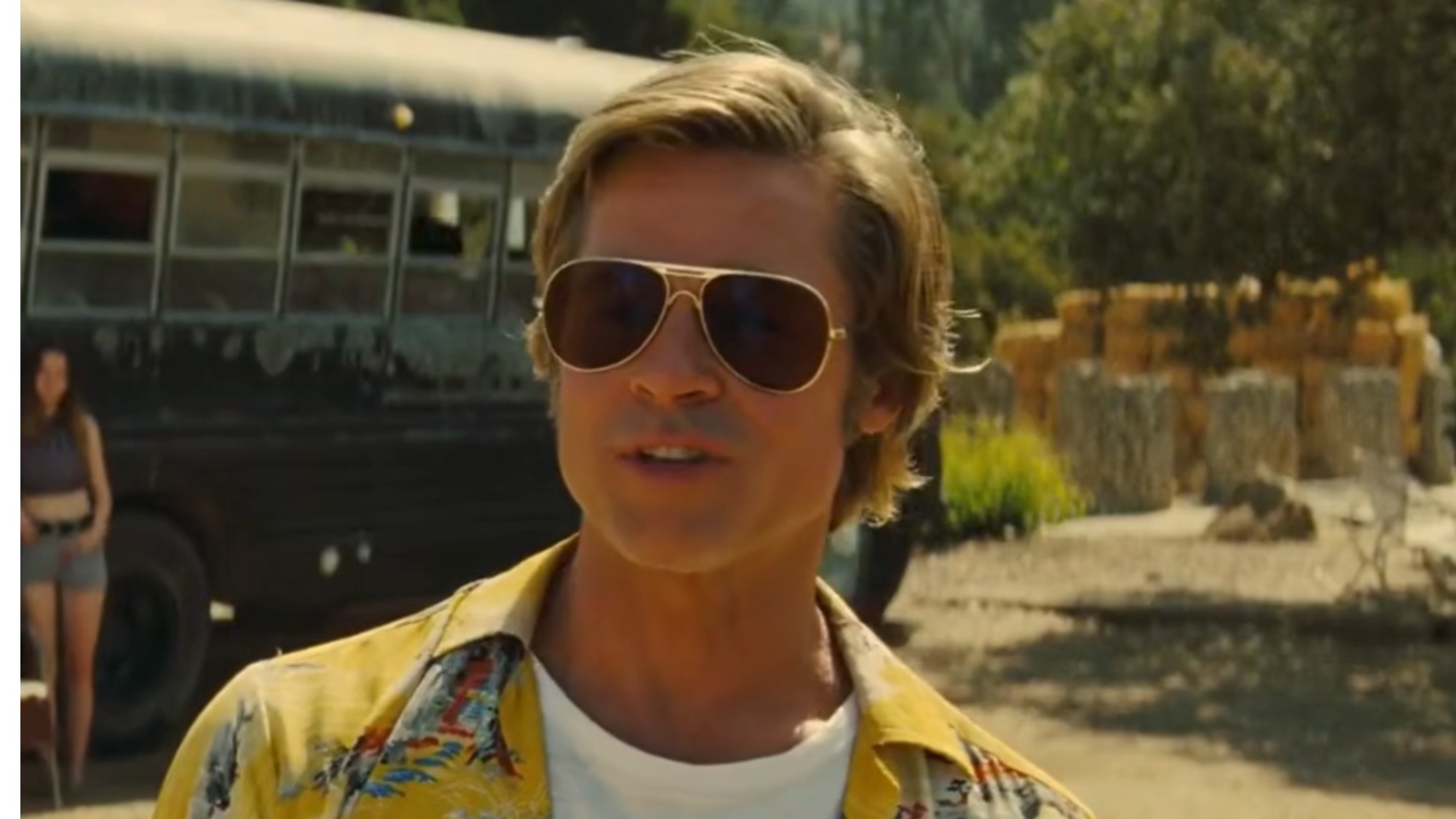 Brad Pitt wearing sunglasses in Once Upon A Time In Hollywood. 