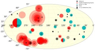 The volcanic hotspots on Jupiter's moon Io are seen as they were detected between August 2013 through December 2015 in this full map of the moon. Each circle represents a new detection, with its size corresponding to intensity. More opaque regions are where a hotspot was detected multiple times.
