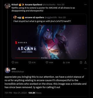 appreciate you bringing this to our attention. we have a strict stance of no ai for anything relating to arcane cause it's disrespectful to the incredible artists who worked on the show. this image was a mistake and has since been removed. ty again for calling it out