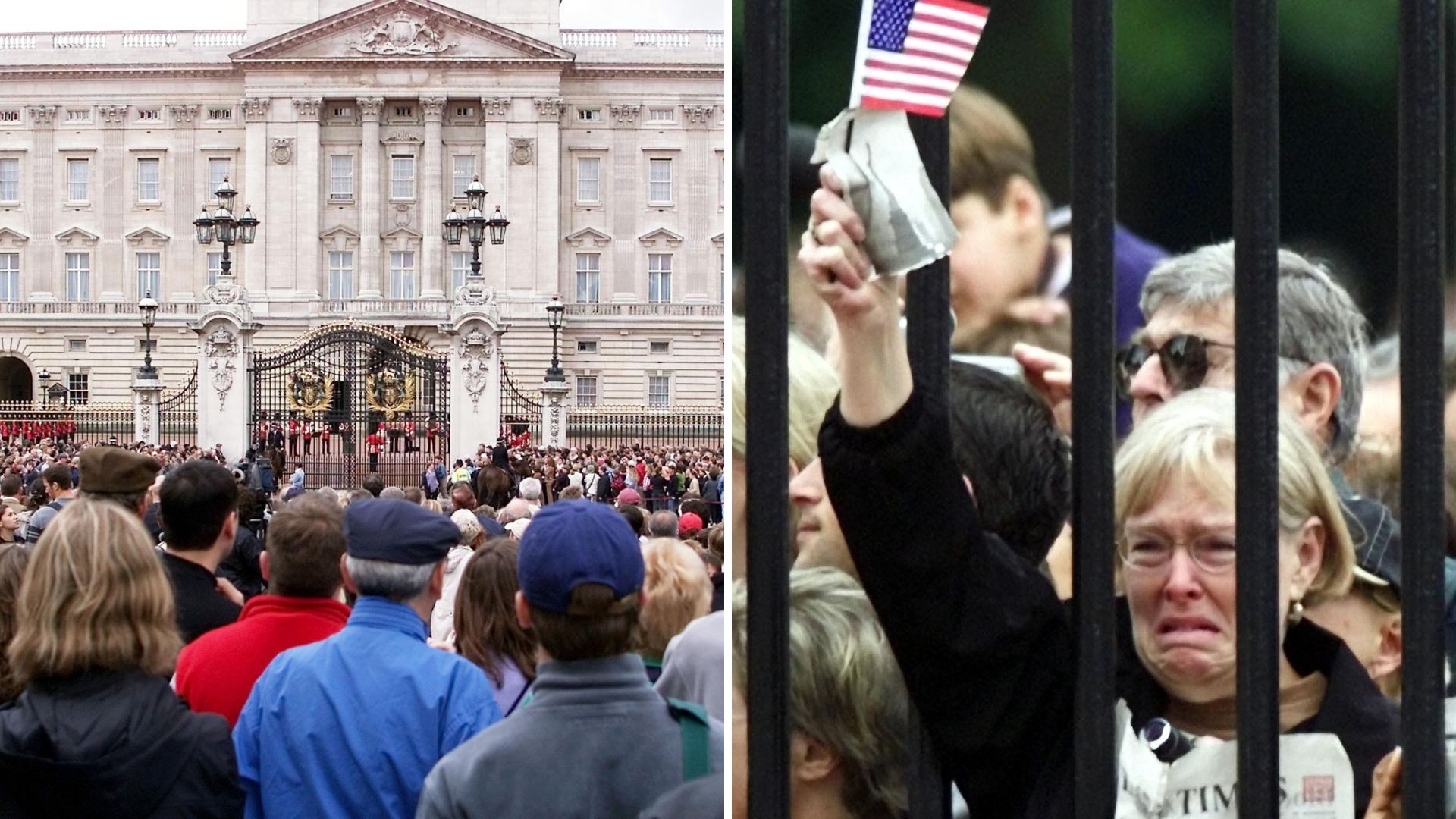 The Changing of the Guard at Buckingham Palace, and a crying woman waving a US flag