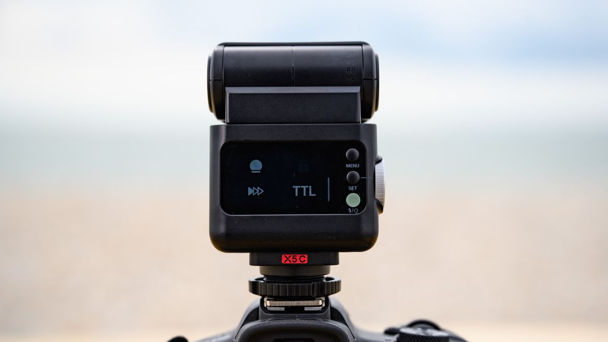 Closeup of the Godox iT32 camera flash and its rear display, the ocean is behind it