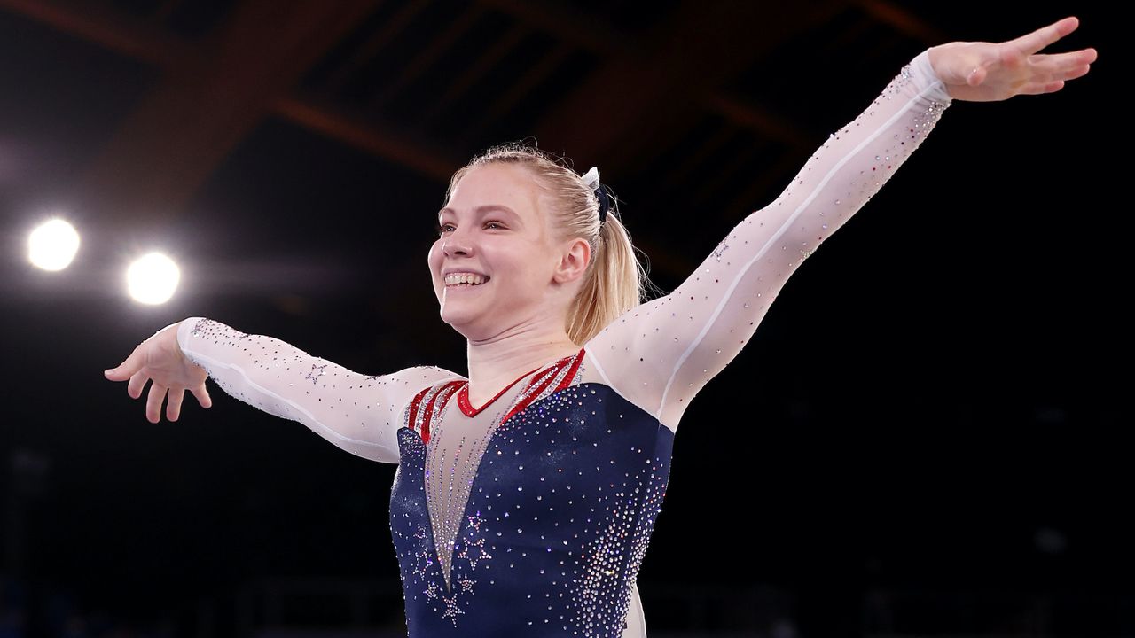 TOKYO, JAPAN - AUGUST 02: Jade Carey of Team United States celebrates during the Women&#039;s Floor Exercise Final on day ten of the Tokyo 2020 Olympic Games at Ariake Gymnastics Centre on August 02, 2021 in Tokyo, Japan. (Photo by Jamie Squire/Getty Images), Jade Carey wins gold