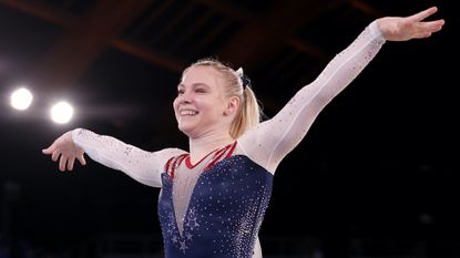 TOKYO, JAPAN - AUGUST 02: Jade Carey of Team United States celebrates during the Women's Floor Exercise Final on day ten of the Tokyo 2020 Olympic Games at Ariake Gymnastics Centre on August 02, 2021 in Tokyo, Japan. (Photo by Jamie Squire/Getty Images), Jade Carey wins gold