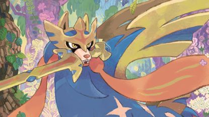 Zacian holding a sword amongst a forest in art from Pokemon Phantasmal Flames