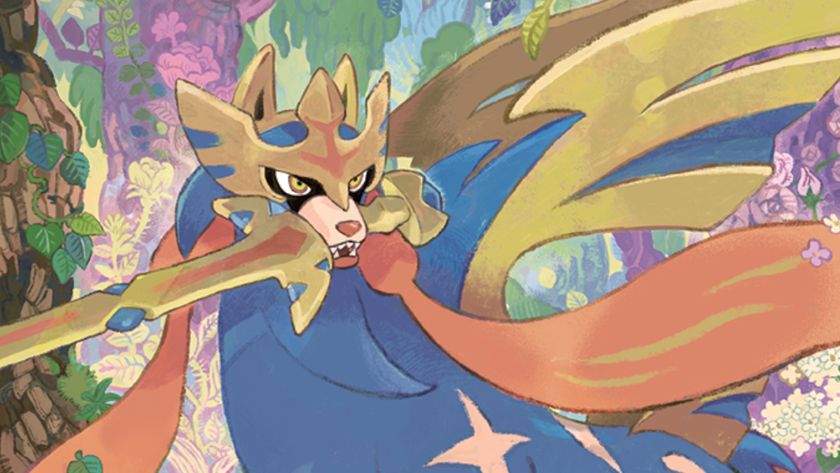 Zacian holding a sword amongst a forest in art from Pokemon Phantasmal Flames