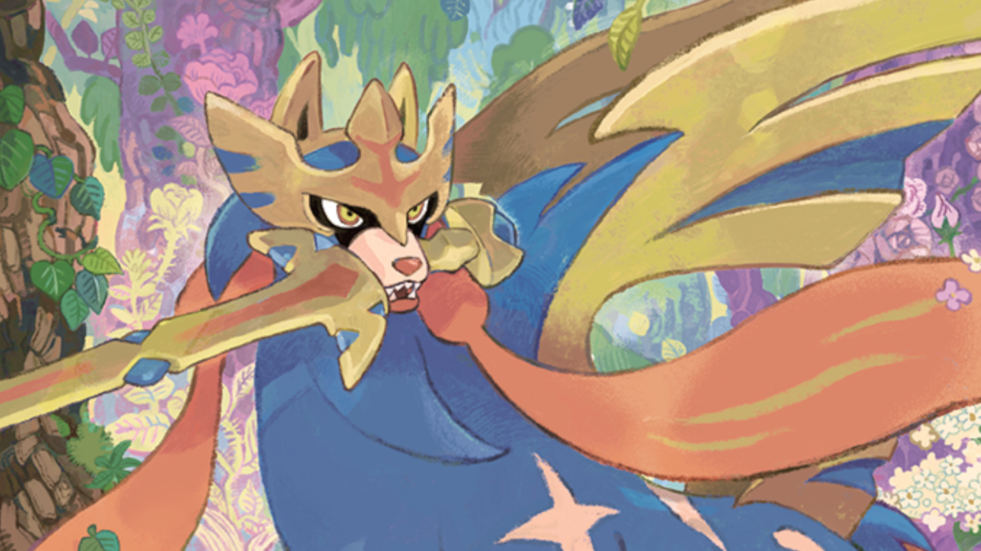 Zacian holding a sword amongst a forest in art from Pokemon Phantasmal Flames