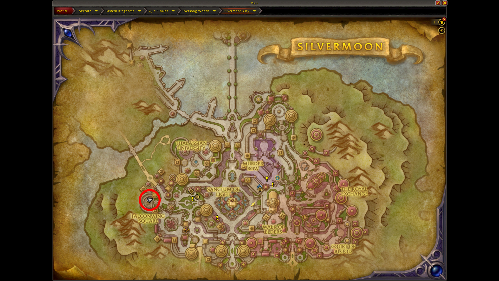 WoW Rookery Cache: A map of Silvermoon with a red circle highlight the location of the Cache in the left side.