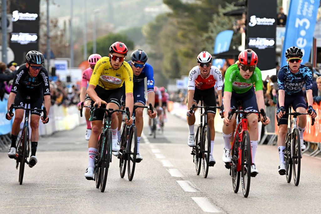 VENCE FRANCE FEBRUARY 19 LR Romain Bardet of France and Team DSM Kvin Vauquelin of France and Team Arka Samsic Yellow Leader Jersey Kvin Geniets of Luxembourg and Team Groupama FDJ Anthony Perez of France and Team Cofidis Mattias Skjelmose of Denmark and Team Trek Segafredo Green Sprint Jersey sprint at finish line during the 55th Tour Des Alpes Maritimes Et Du Var 2023 Stage 3 a 1318km stage from VillefranchesurMer to Vence tour0683 on February 19 2023 in Vence France Photo by Luc ClaessenGetty Images