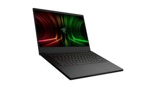 The Razer Blade 14 on a white background with its display, keyboard and trackpad visible.
