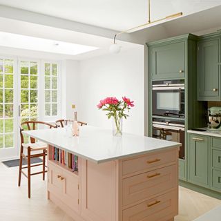 kitchen with olive green cabinet and french door