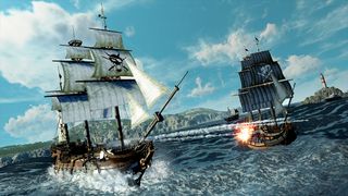 Like a Dragon: Pirate Yakuza in Hawaii review; A digital illustration depicts two large sailing ships engaged in a naval battle, with one ship firing a cannon and smoke billowing around it.