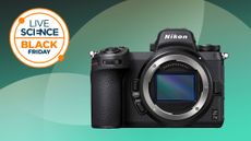 The Nikon Z7 II in front of a green background with a rosette that reads Live Science Black Friday deals.