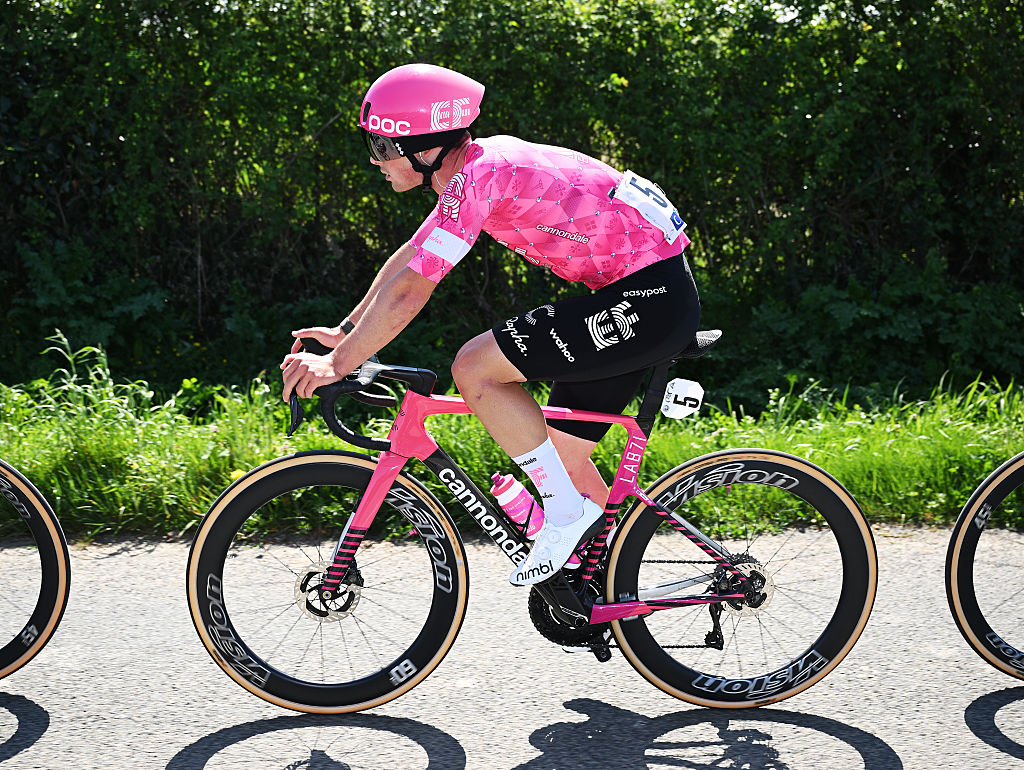 BEAUPREAU, FRANCE - APRIL 09: Noah Hobbs of Great Britain and Team EF Education - EasyPost competes during the 71st Circuit Cycliste Sarthe - Pays de la Loire 2025, Stage 2 a 158.5km stage from Cugand-la-Bernardiere to Beaupreau-en-Mauges on April 09, 2025 in Beaupreau, France. (Photo by Dario Belingheri/Getty Images)