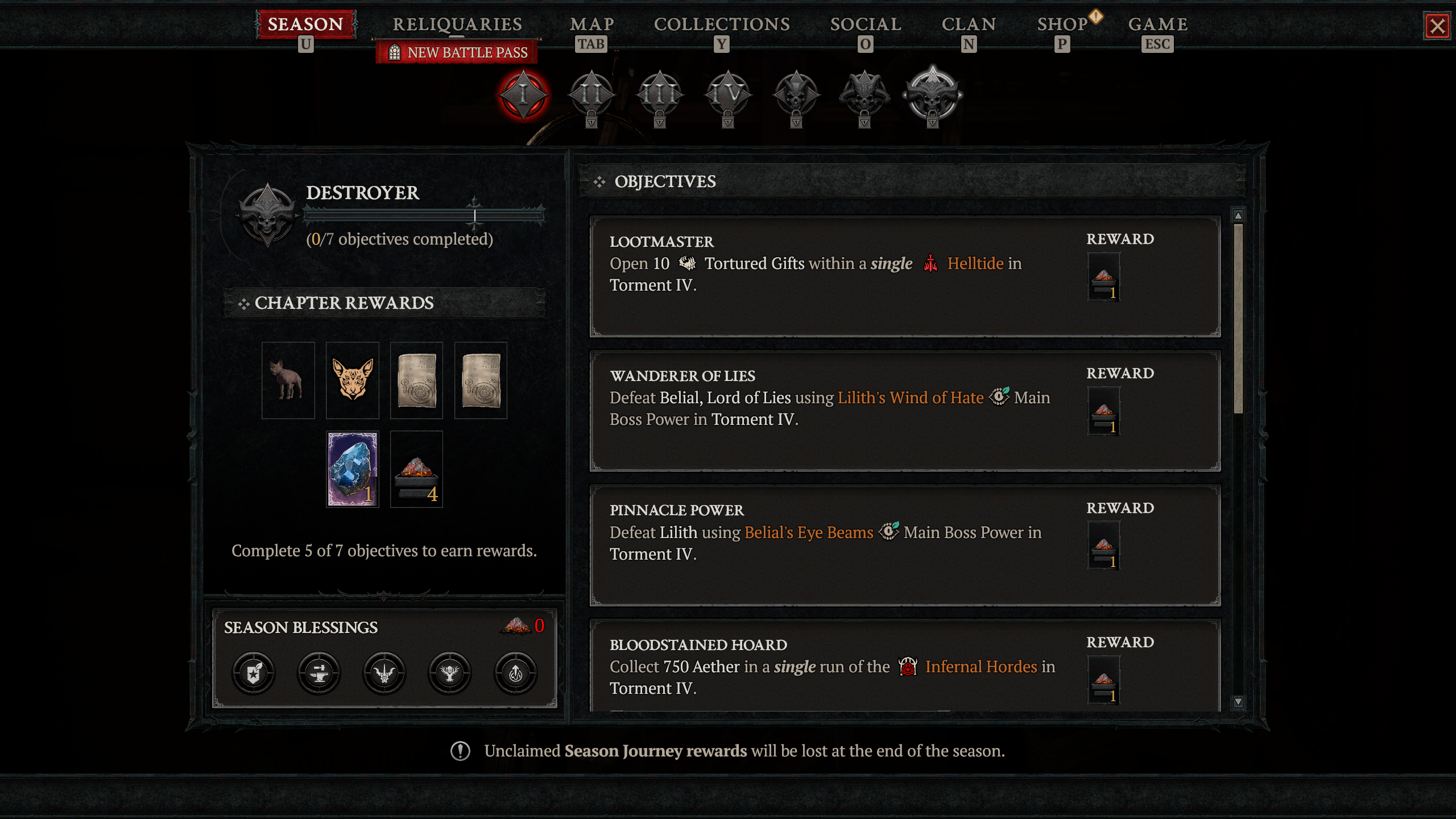 Diablo 4 Resplendent Sparks - The Season Journey page during Season 8, showing the Spark you can earn from the Destroyer page.