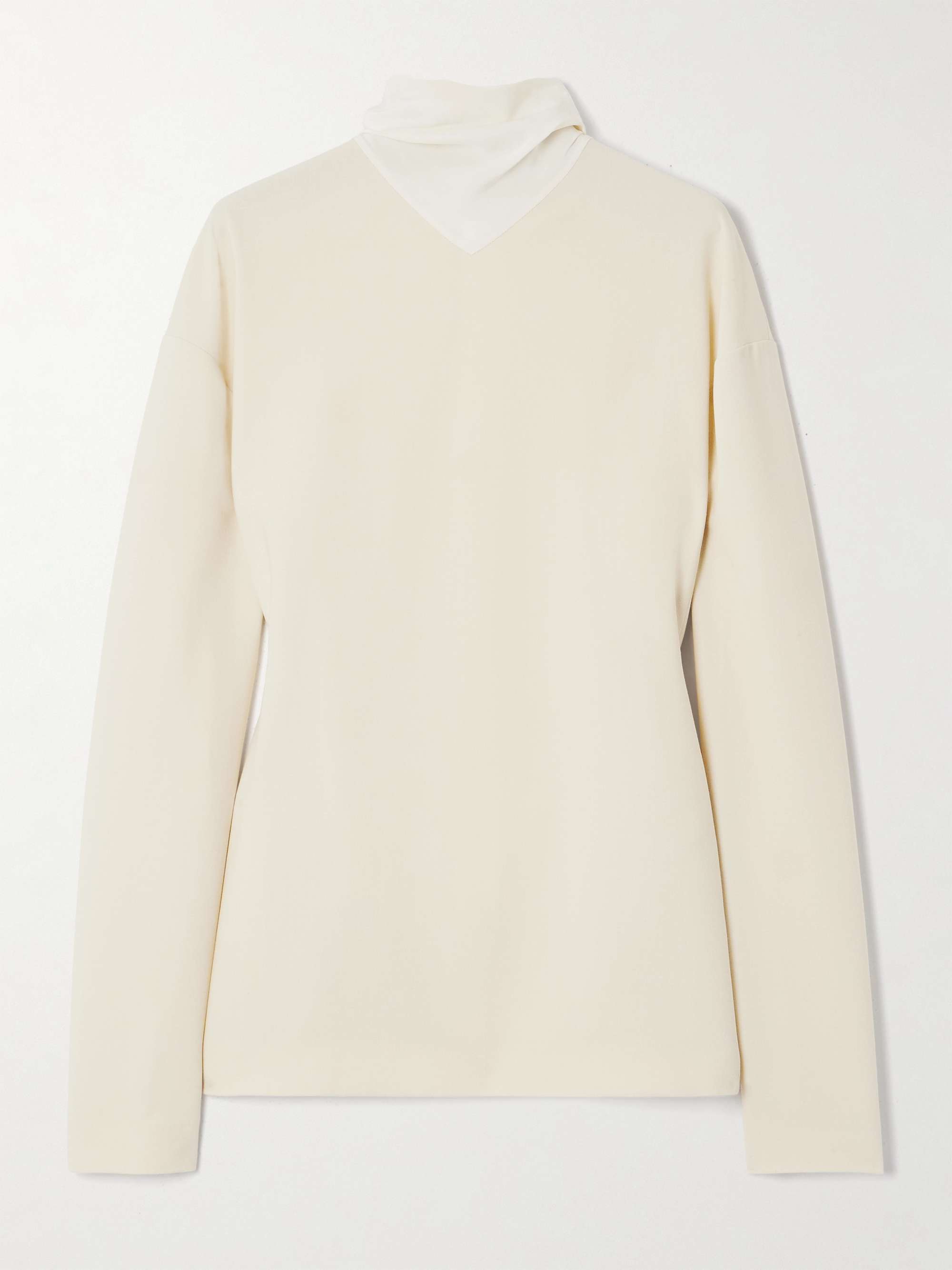 Fringed Scarf-Detailed Silk-Trimmed Wool-Blend Blouse