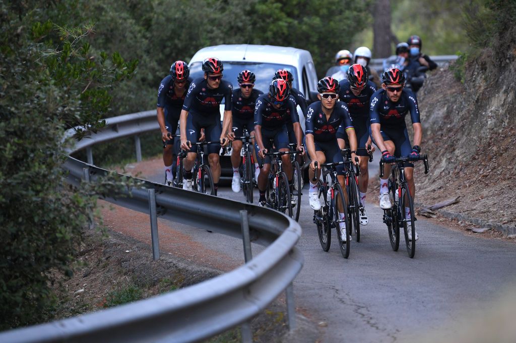 NICE FRANCE AUGUST 27 Michal Kwiatkowski of Poland Luke Rowe of The United Kingdom and Team INEOS Grenadiers during the Team INEOS Grenadiers Training TDF2020 LeTour on August 27 2020 in Nice France Photo by Tim de WaeleGetty Images